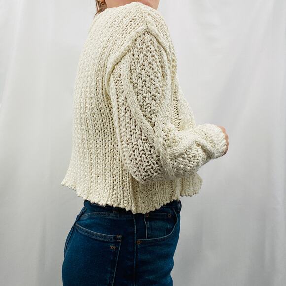 Free People XS ivory white cable knit distressed hem sweater - Picture 4 of 6